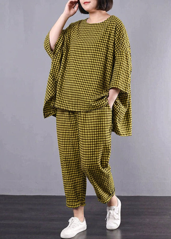 Elke - Casual Plus Size Katoen Linnen Rode Ruit Vintage Blouse En Broek
