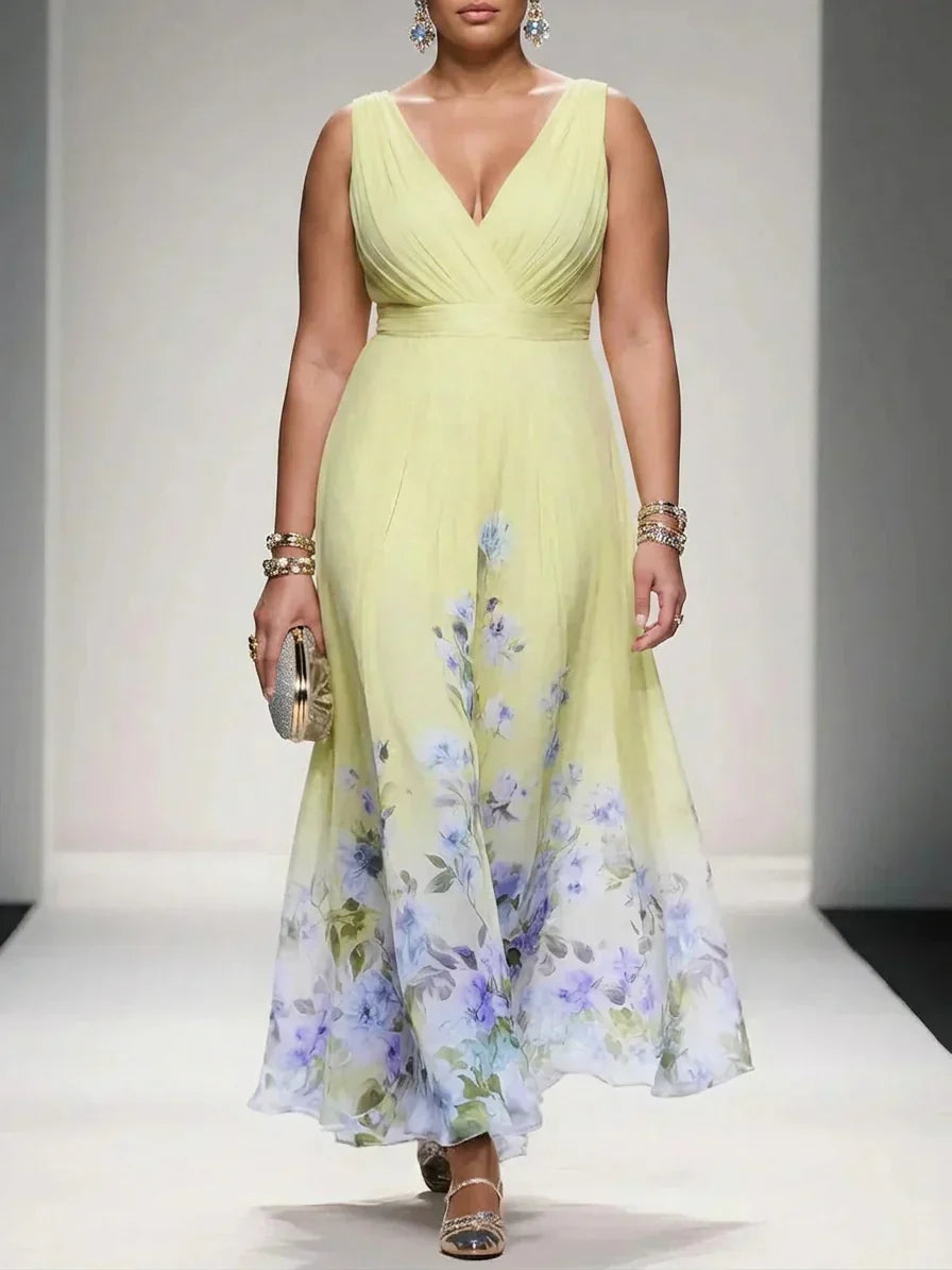 Salma | Lichtblauwe Bloemen Chiffon V-Hals Maxi Jurk