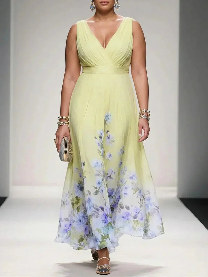 Salma | Lichtblauwe Bloemen Chiffon V-Hals Maxi Jurk