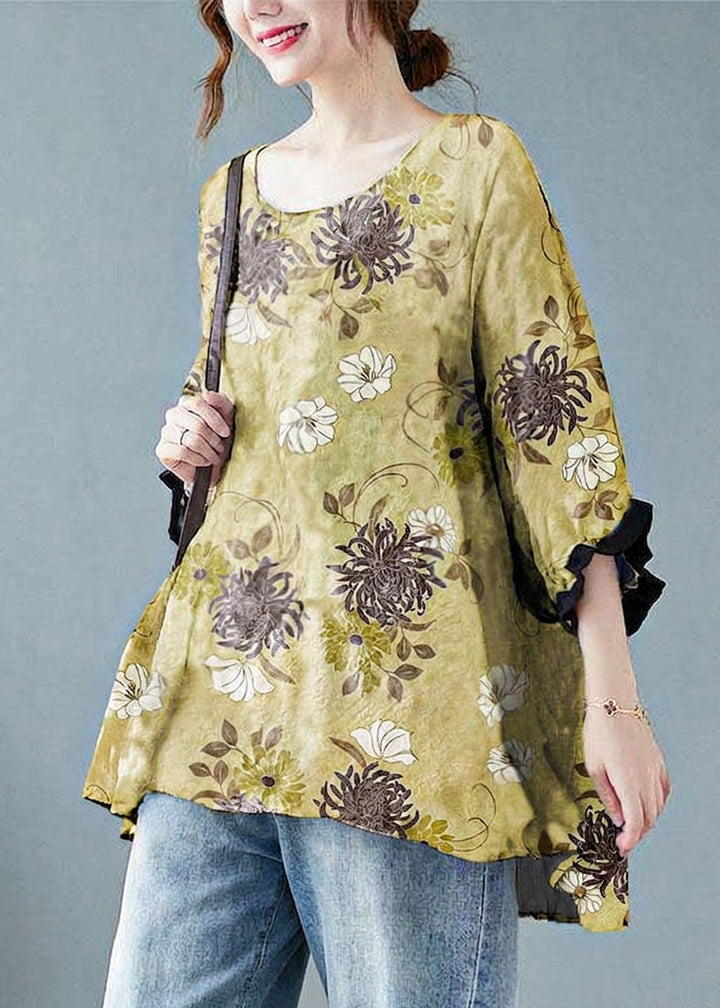 Linnea - Losse Blauwe Gepunte Batwing Mouw Katoen Linnen T-shirt