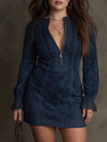 Layla – Blauw Suède Mini Jurk met Kant