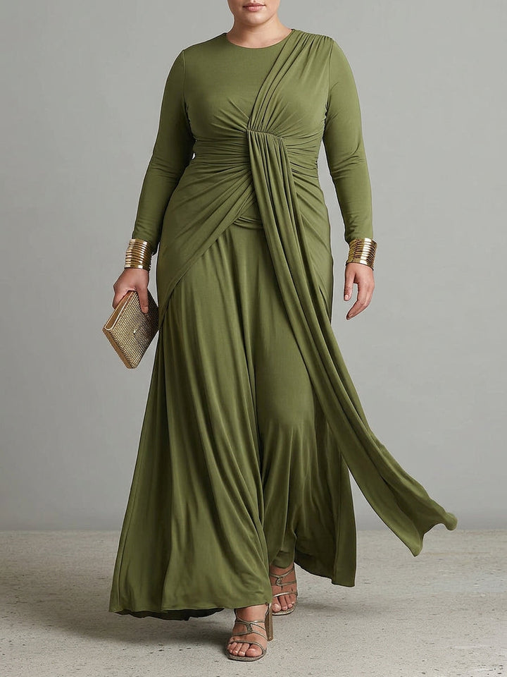 Petra Groene Lange Jurk in Stretchzijde met Diepe V-Hals en Rimpeldetails, Glamour Maxi Jurk