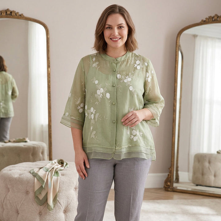 Delia | Elegante Top met Geborduurde Bloemen