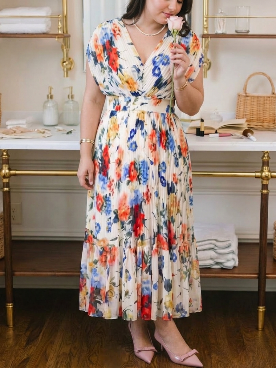 Coraline | Korte Mouw Geplooide Bloemen Midi Jurk