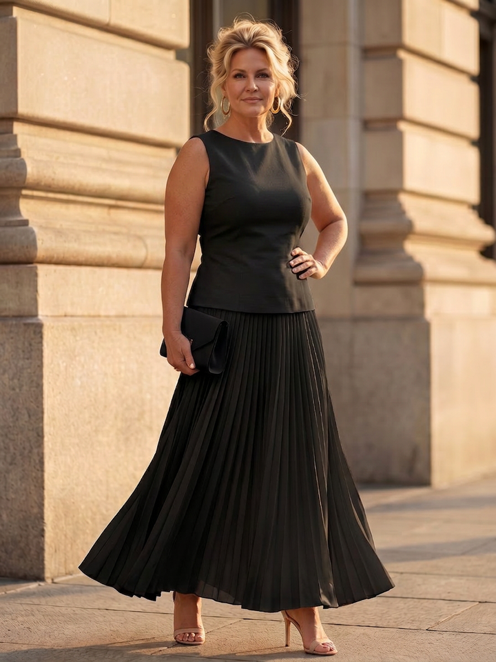 Fauna | Gestructureerde Mouwloze Corsage Met Plissé Rok Set