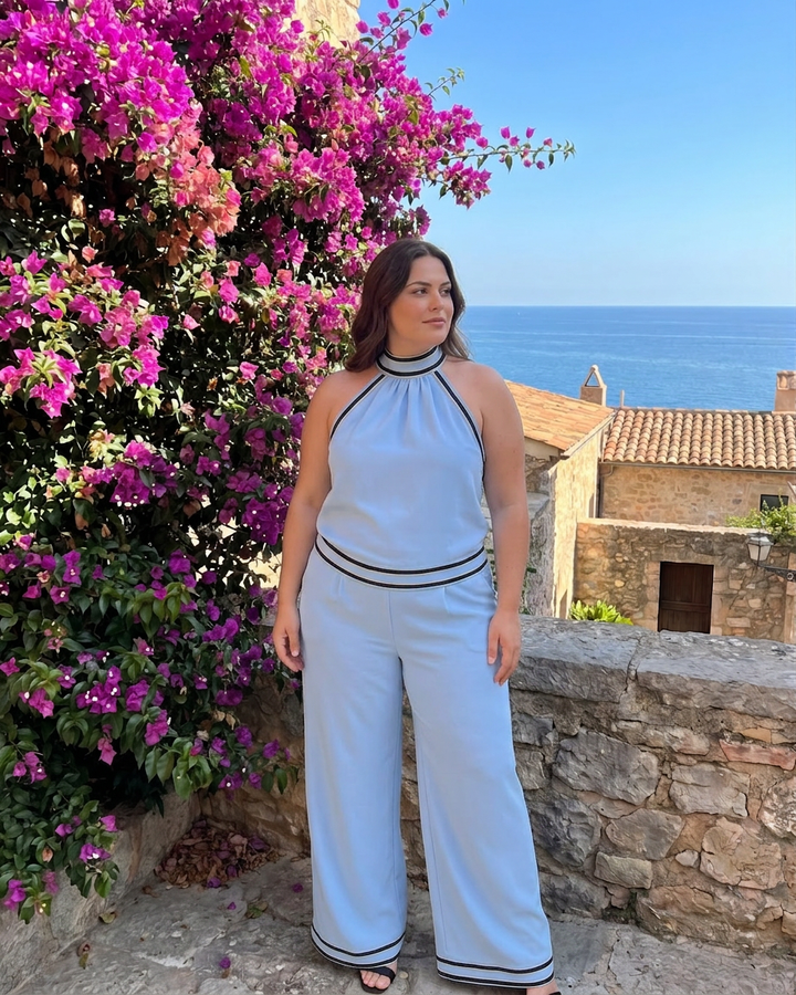 Saffraan | Contrast Trim Halter Neck Wijde Pijpen Jumpsuit