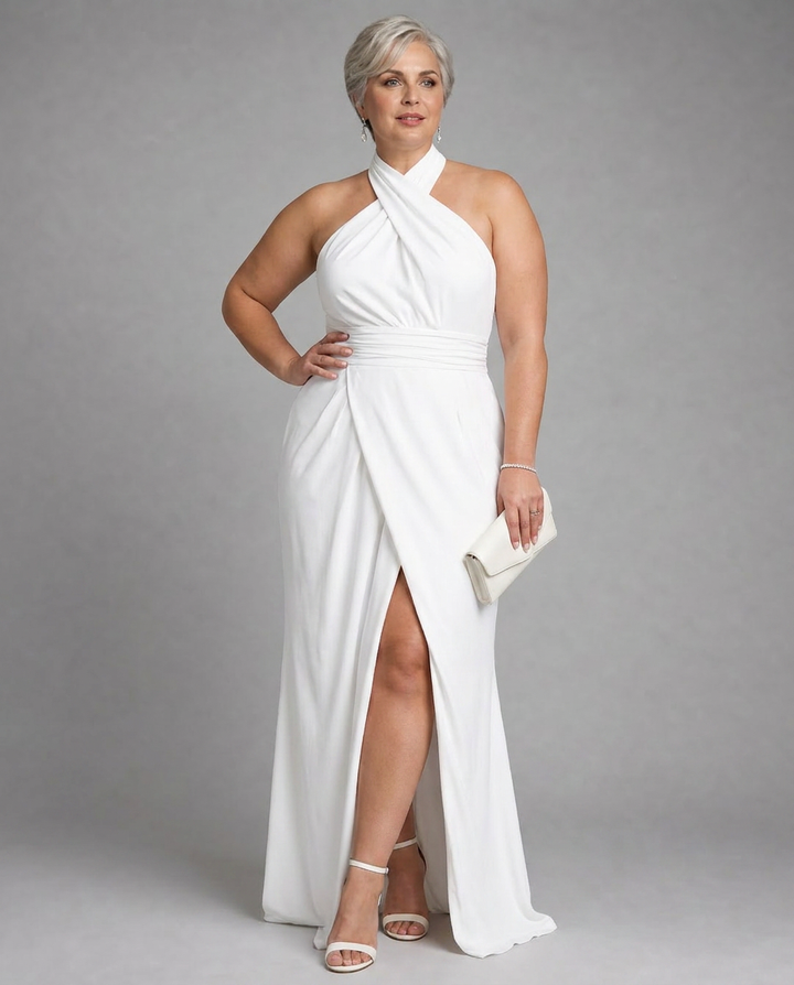 Nia | Cross Halter Draped Side Slit Midi Jurk