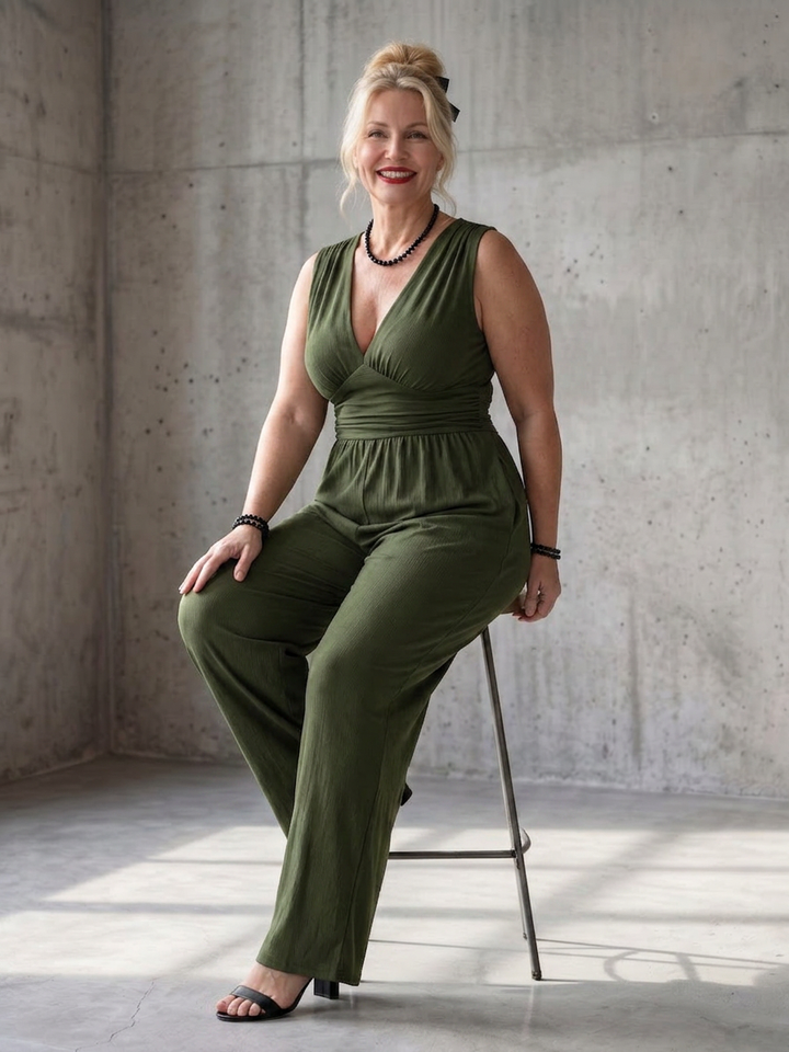 Tegan | Diepe V Taille Gedefinieerde Wijde Pijpen Jumpsuit