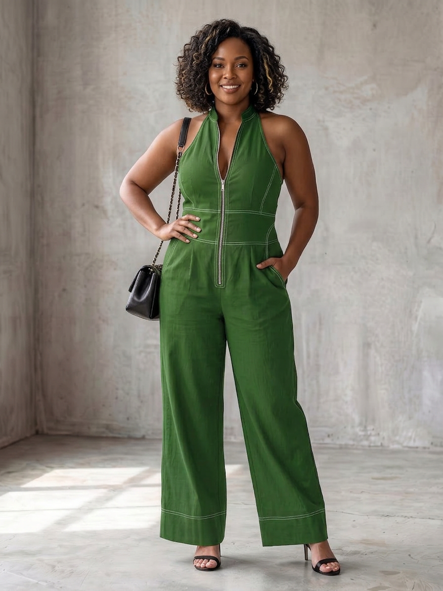 Nell | Zip Front Contrast Stitch Wide Leg Jumpsuit