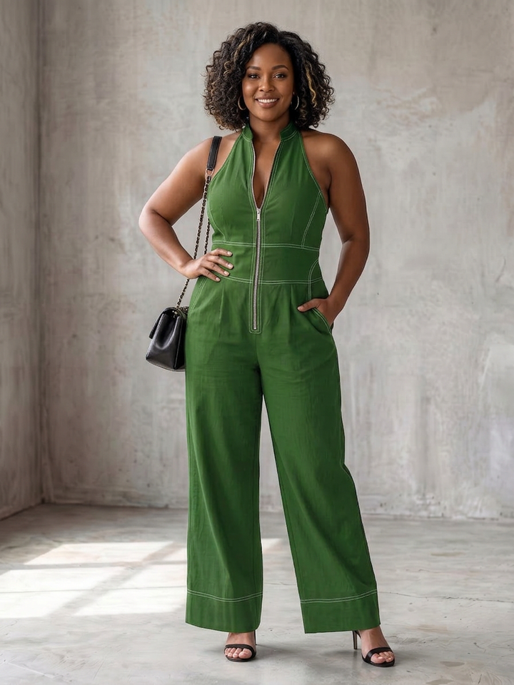 Nell | Zip Front Contrast Stitch Wide Leg Jumpsuit