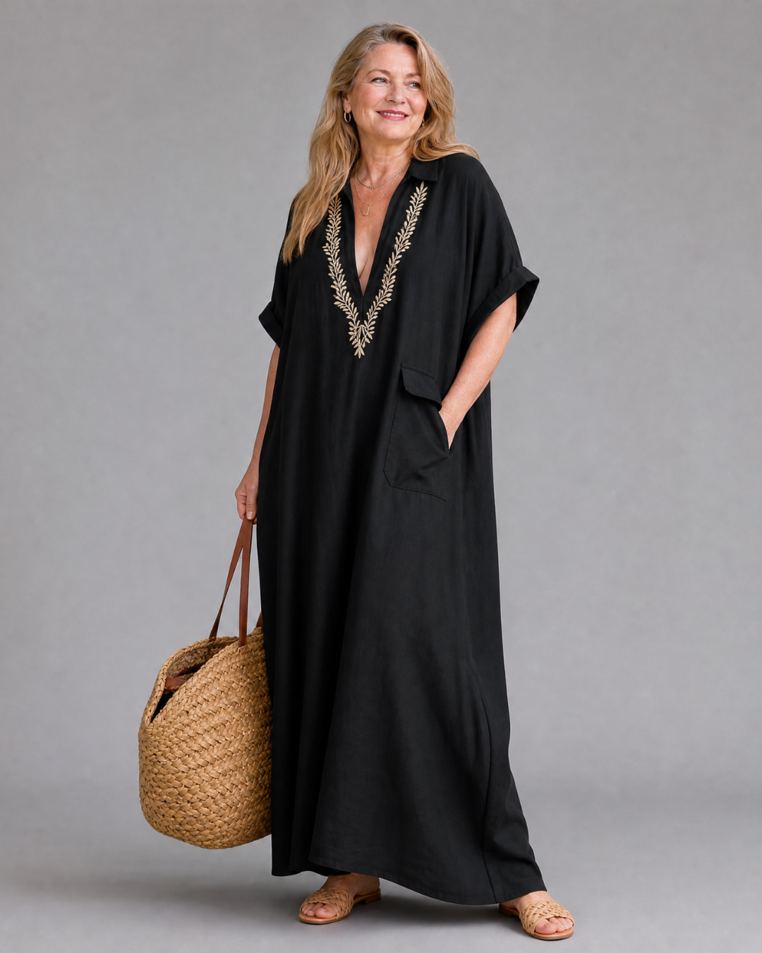 Posy | Geborduurde V-hals Pocket Detail Ontspannen Maxi Jurk