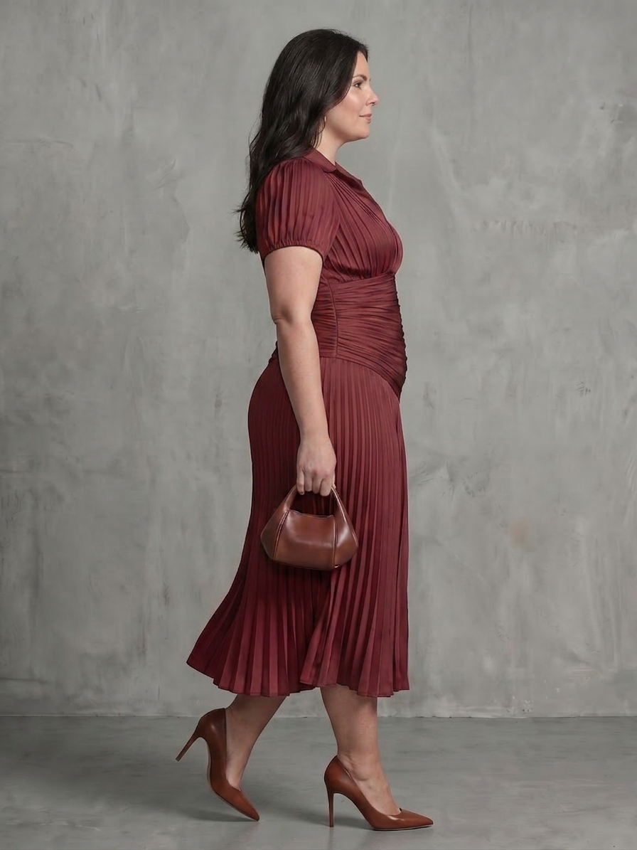 Vita | Plissé Taille Streep Midi Jurk