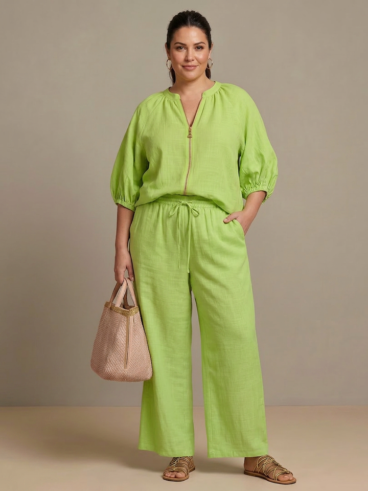 Cecily | Zip Front Blouson Top Wide Leg Set