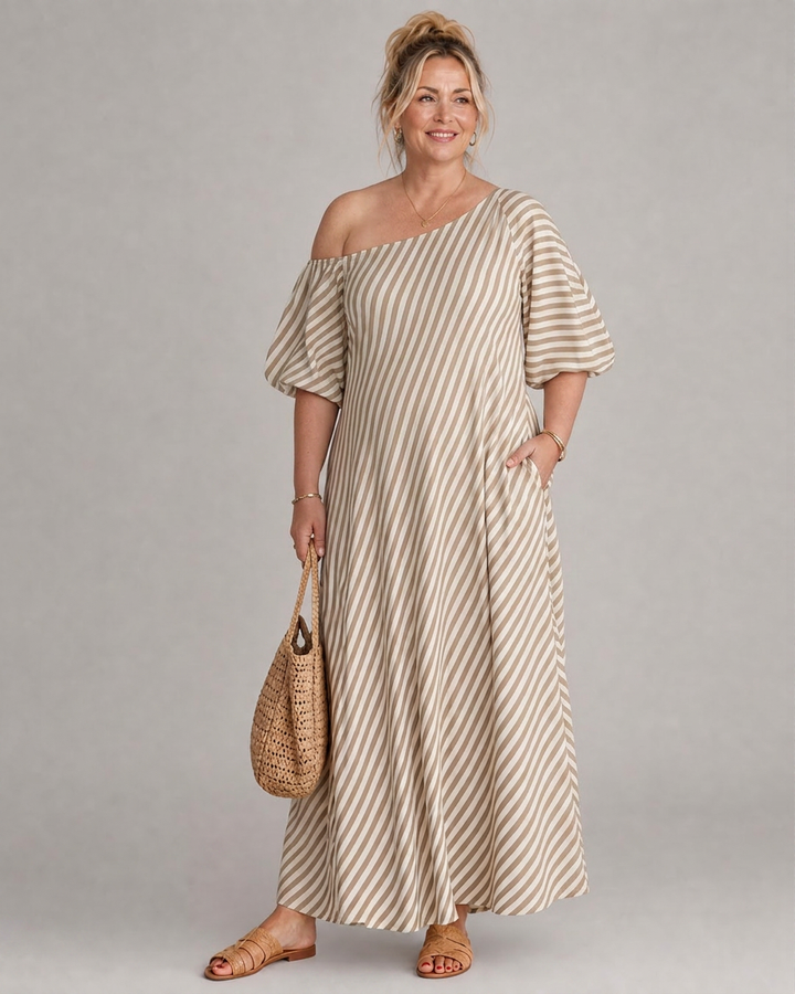 Seraphina | Gestreepte Off Shoulder Puff Sleeve Midi Jurk
