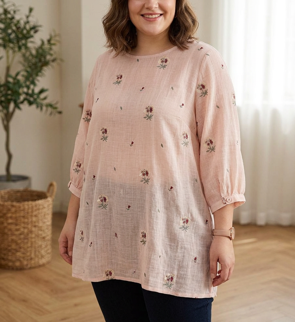 Rin - Katoenen Bloem Geborduurd Comfortabel Shirt
