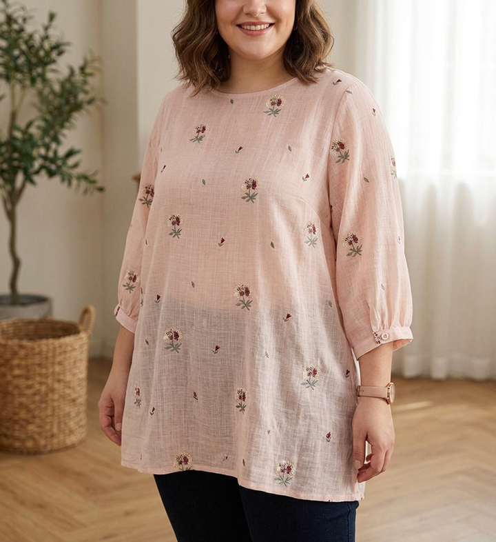 Rin - Katoenen Bloem Geborduurd Comfortabel Shirt