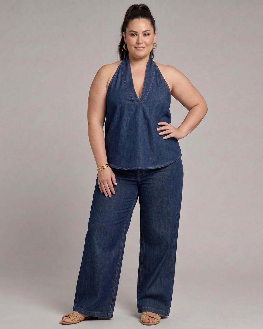 Opaline | Halter Neck Denim Top en Brede Pantalon Set