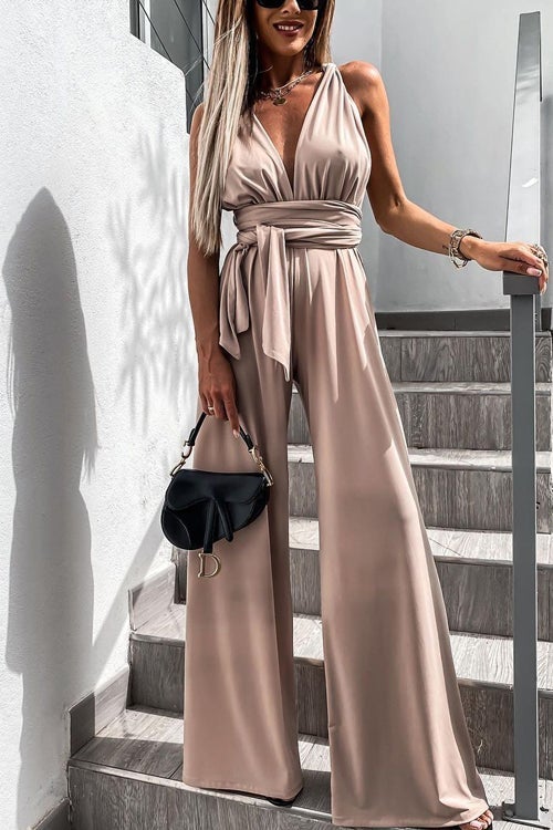 Edith - Effen Kleur Slim V-Hals Lace-Up Mouwloze Jumpsuit