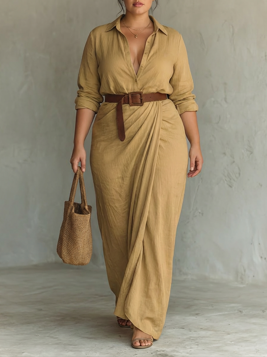 Lange Maxi Jurk met Ingesneden Kraag en Lange Mouwen voor Vrouwen