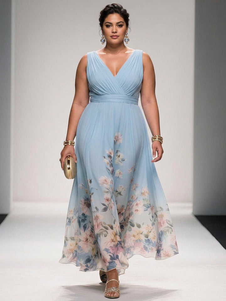 Salma | Lichtblauwe Bloemen Chiffon V-Hals Maxi Jurk