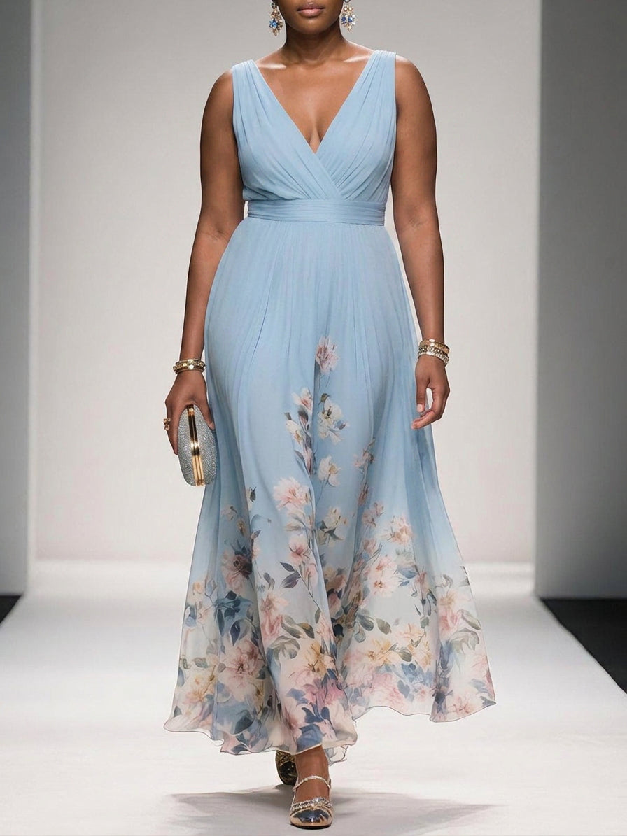 Salma | Lichtblauwe Bloemen Chiffon V-Hals Maxi Jurk