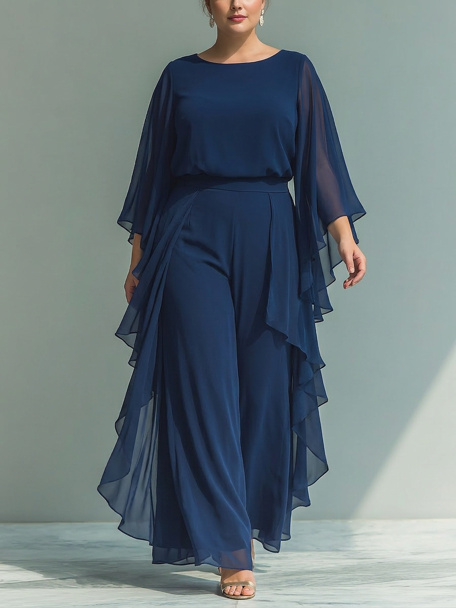 Marineblauwe Chiffon Top Set met Uitlopende Mouwen en Rechte Broek met Ruché Details