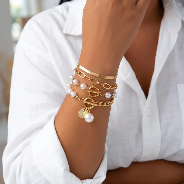Fauna Gold 4-delige Armband Set - Slang, Parels &amp; Schakels | Goud