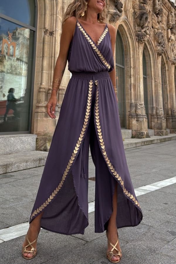 Irina - Tamia Gouden Bies Elastische Taille Split Wijde Pijpen Slip Jumpsuit