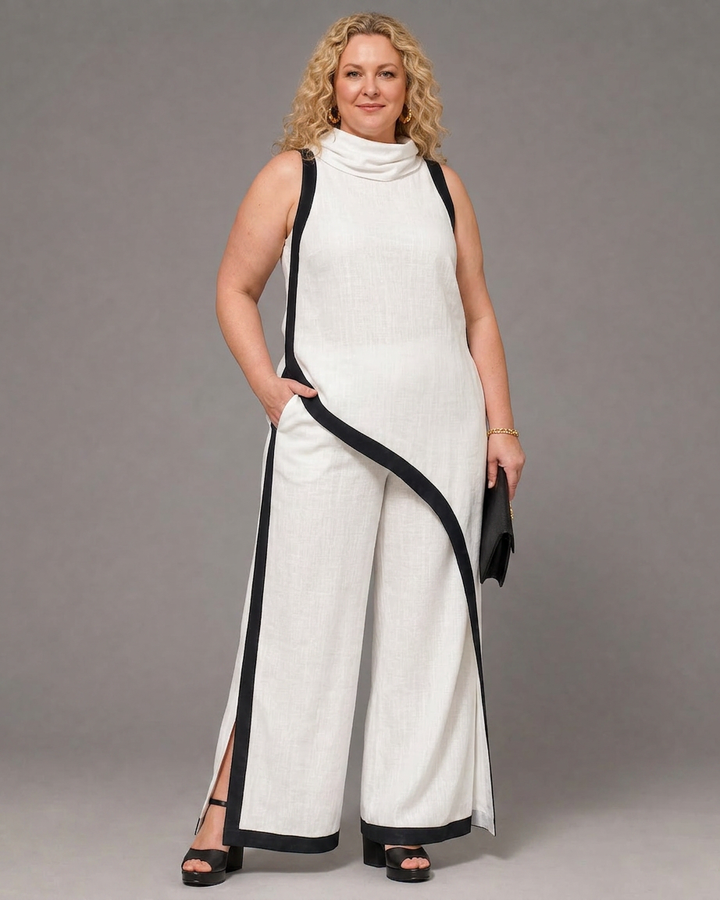 Genevieve | Mouwloze Gelaagde Top met Contrastafwerking en Brede Pantalon Set