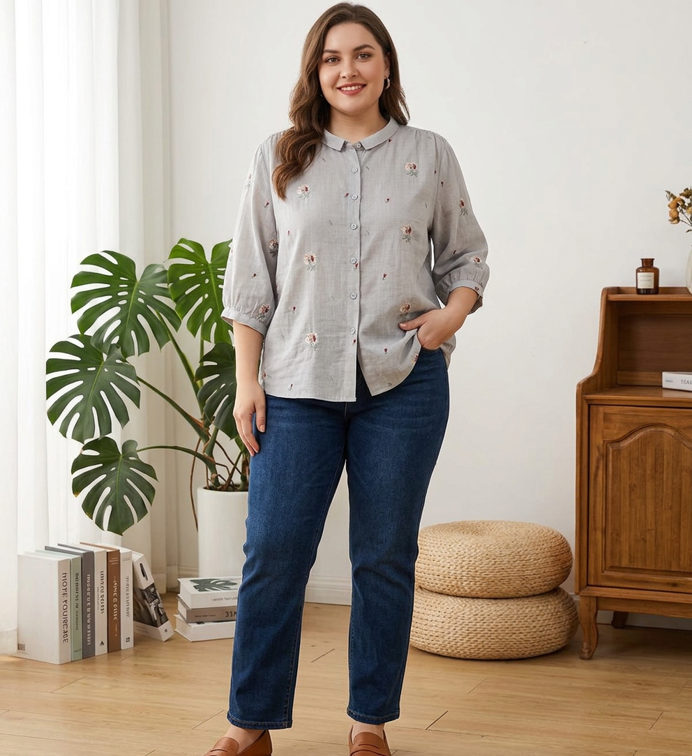 Rin - Katoenen Bloem Geborduurd Comfortabel Shirt