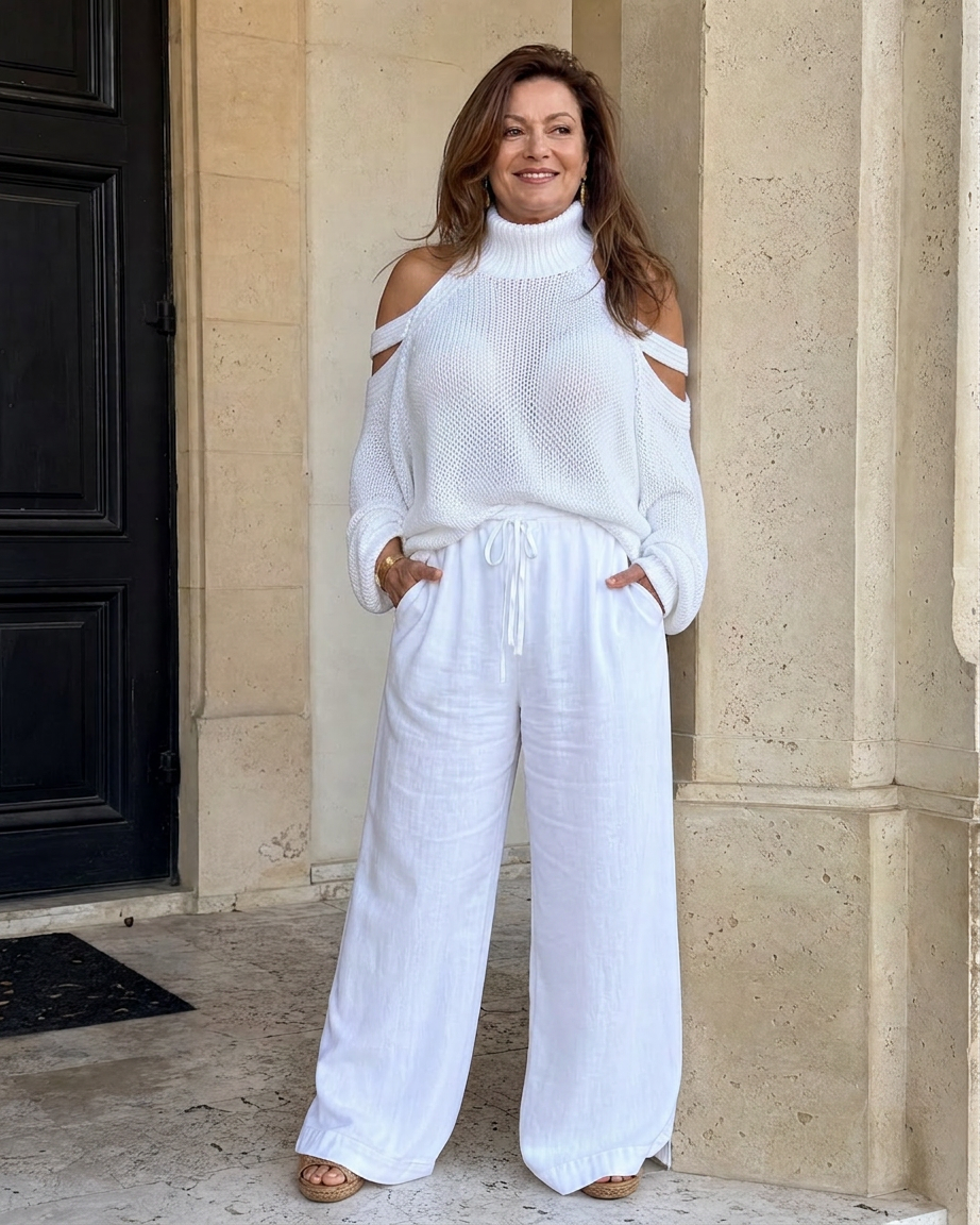 Vesper | Koud Schouder Gebreide Trui Wijde Pantalon Set