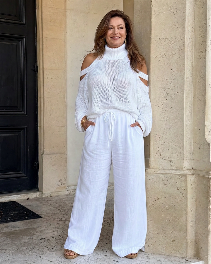 Vesper | Koud Schouder Gebreide Trui Wijde Pantalon Set