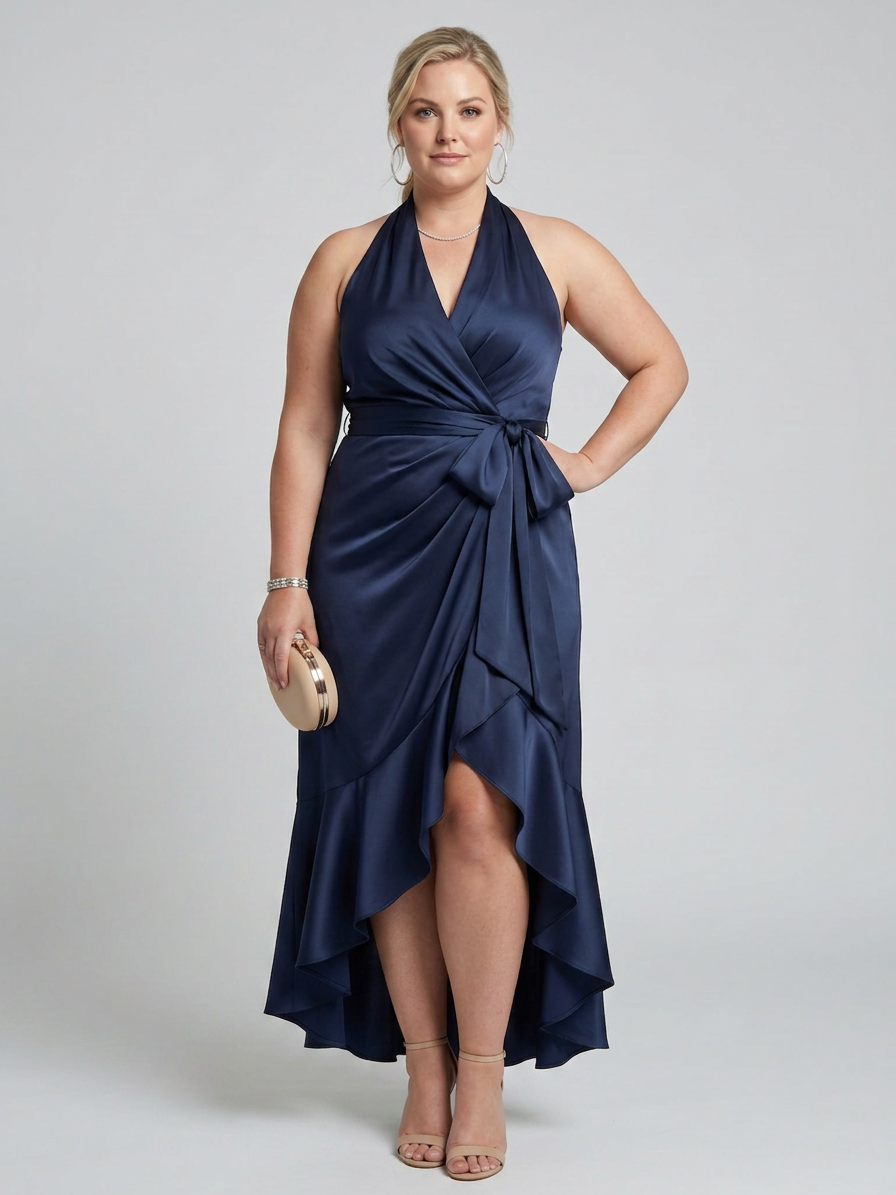 Amina | Halternek Wikkel Asymmetrische Zoom Midi Jurk