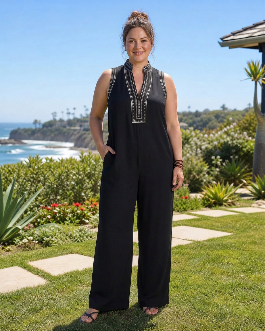 Wilhelmina | Geborduurde V-hals Mouwloze Wijde Pantalon Jumpsuit