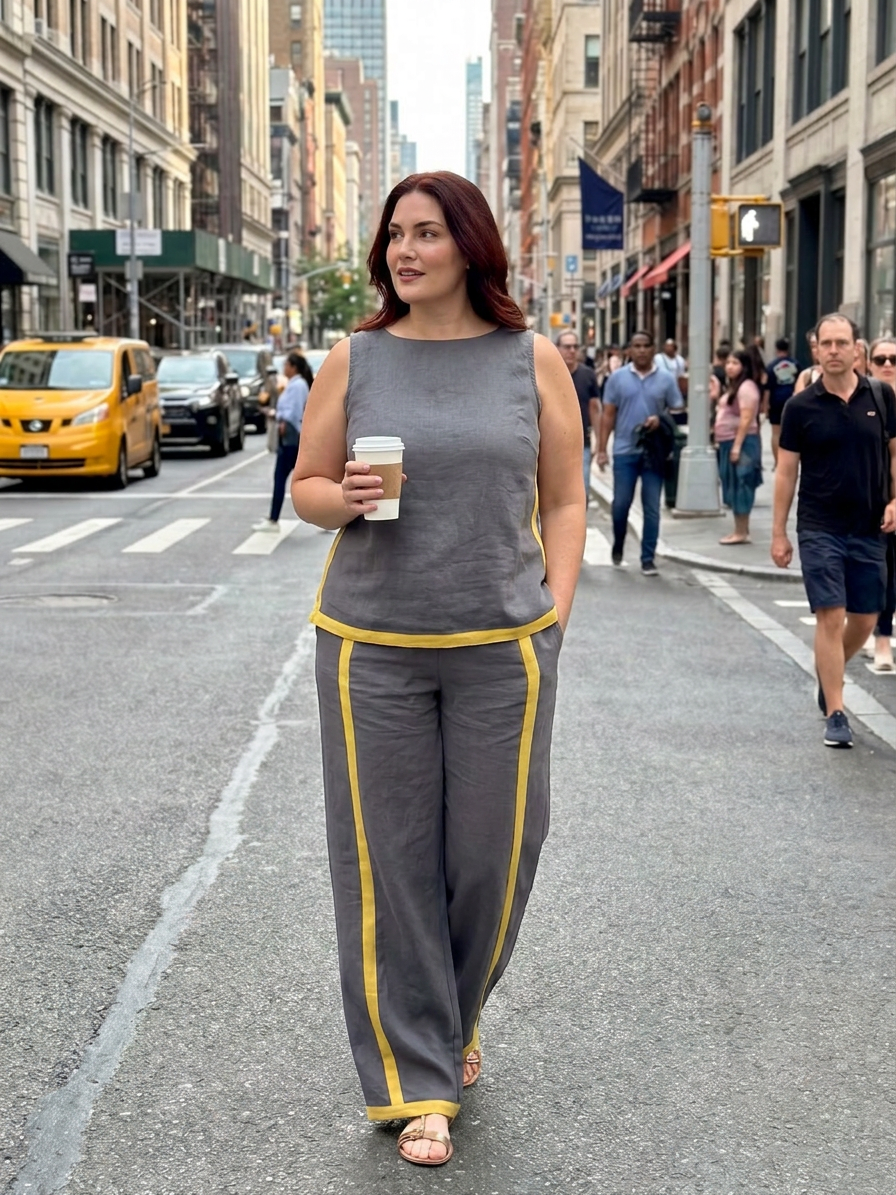 Yasmin | Mouwloze Top Set met Wijde Broek en Contrasterende Details