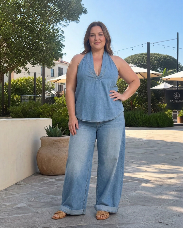 Opaline | Halter Neck Denim Top en Brede Pantalon Set