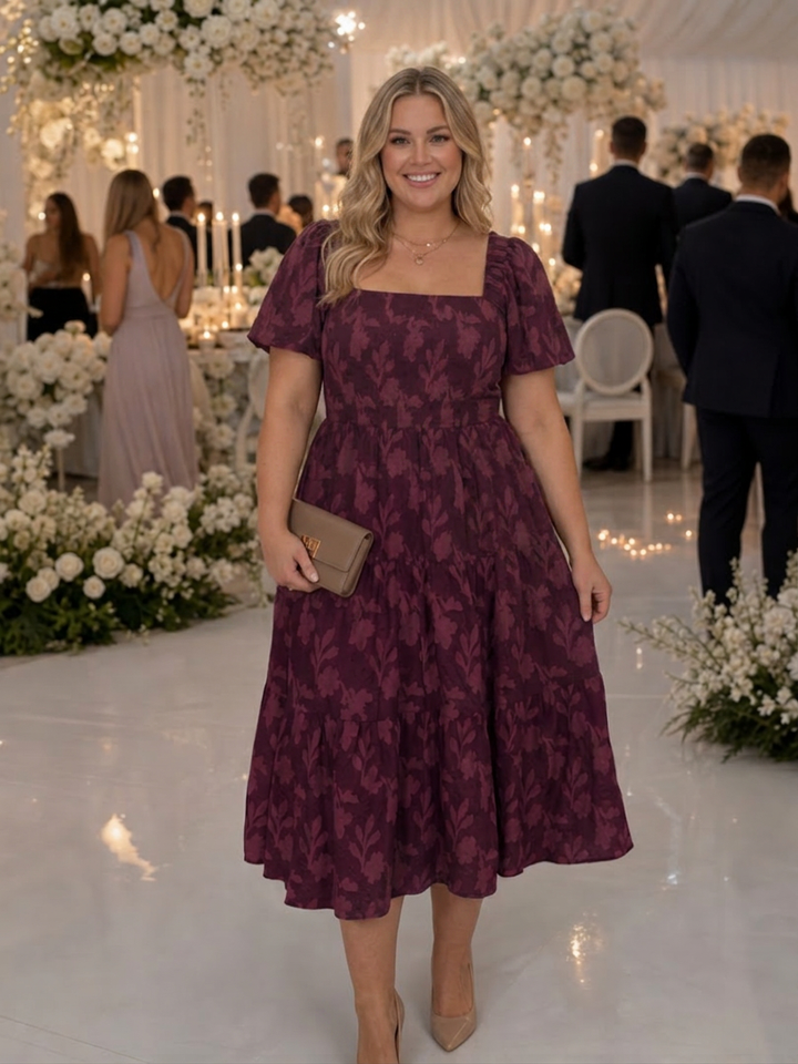 Belen | Midi-jurk met korte mouwen en textuur met bloemen