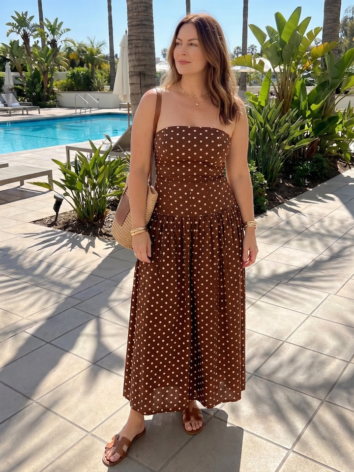 Olwen | Strapless Polka Dot Pattern Midi Dress