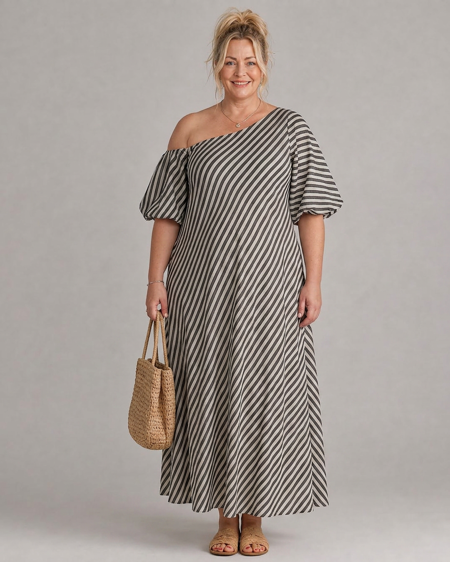 Seraphina | Gestreepte Off Shoulder Puff Sleeve Midi Jurk