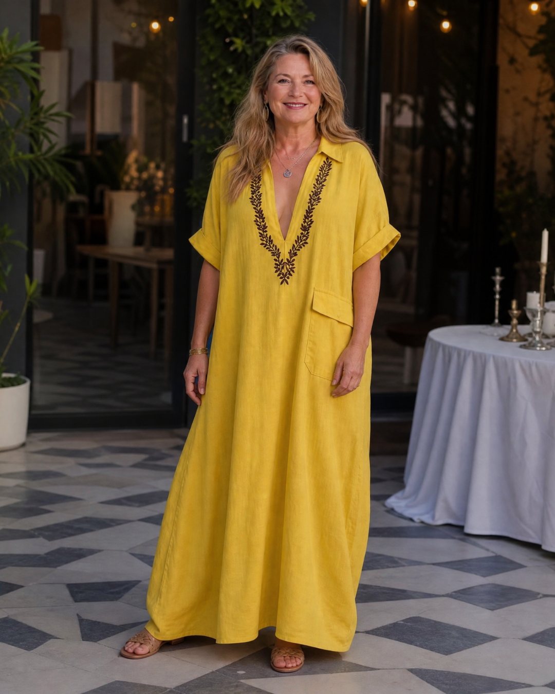 Posy | Geborduurde V-hals Pocket Detail Ontspannen Maxi Jurk