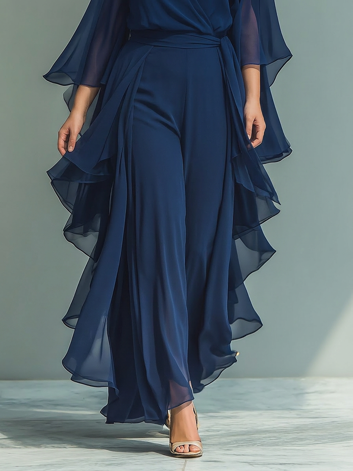 Marineblauwe Chiffon Top Set met Uitlopende Mouwen en Rechte Broek met Ruché Details