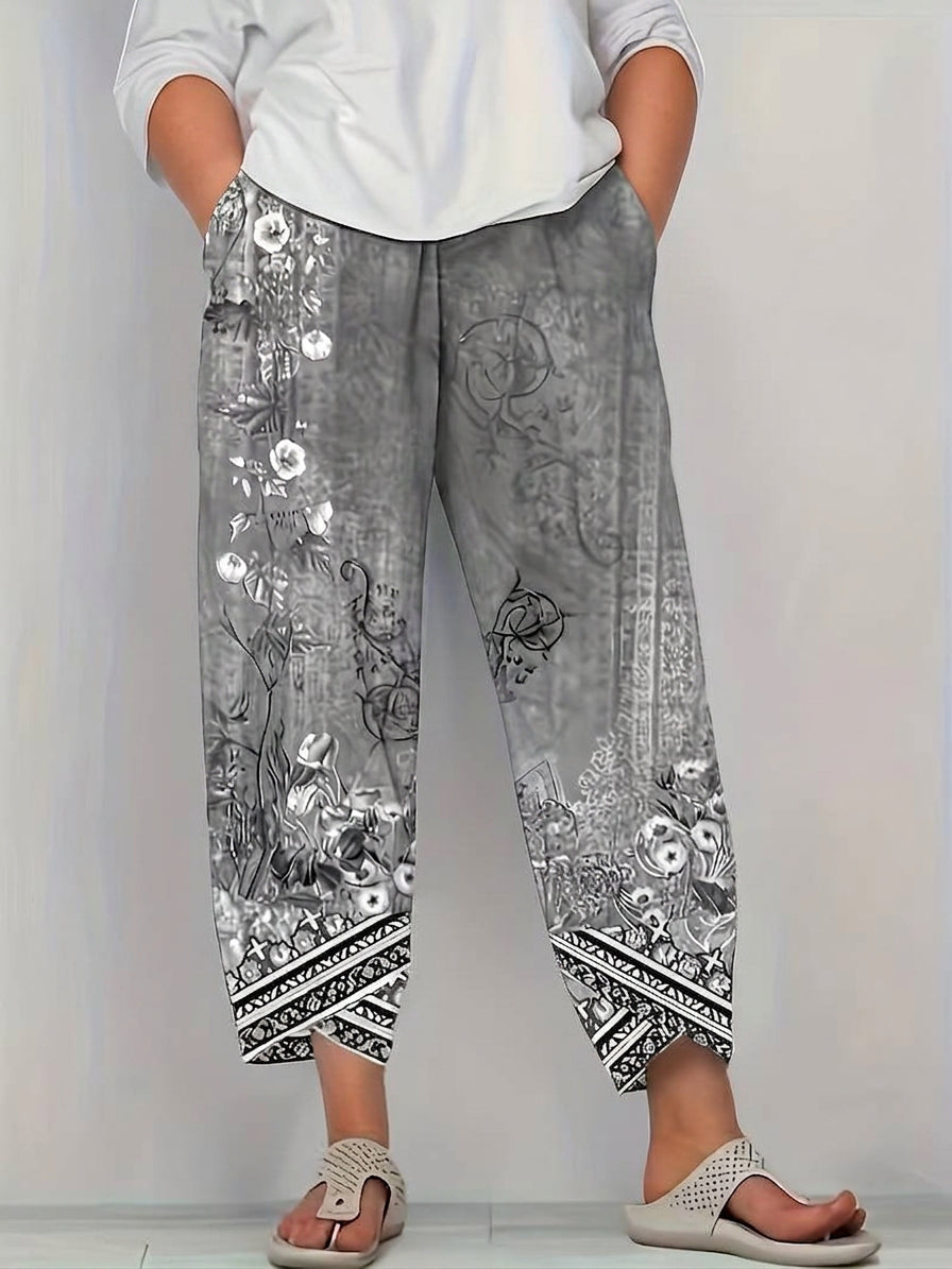 Olwen | Vintage Bloemen Capri Broek Met Elastische Taille