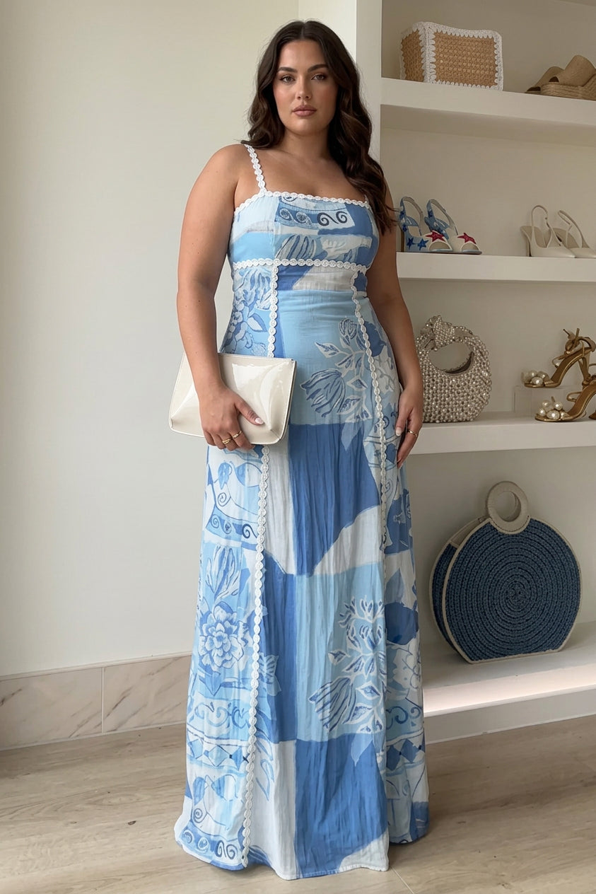 Mira | Ric Rac Strap Bow Back Gedrukt Maxi Jurk
