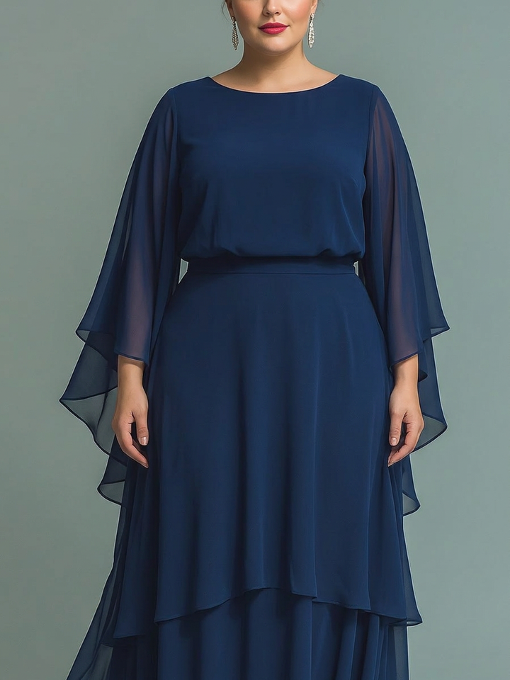 Marineblauwe Chiffon Top Set met Uitlopende Mouwen en Rechte Broek met Ruché Details