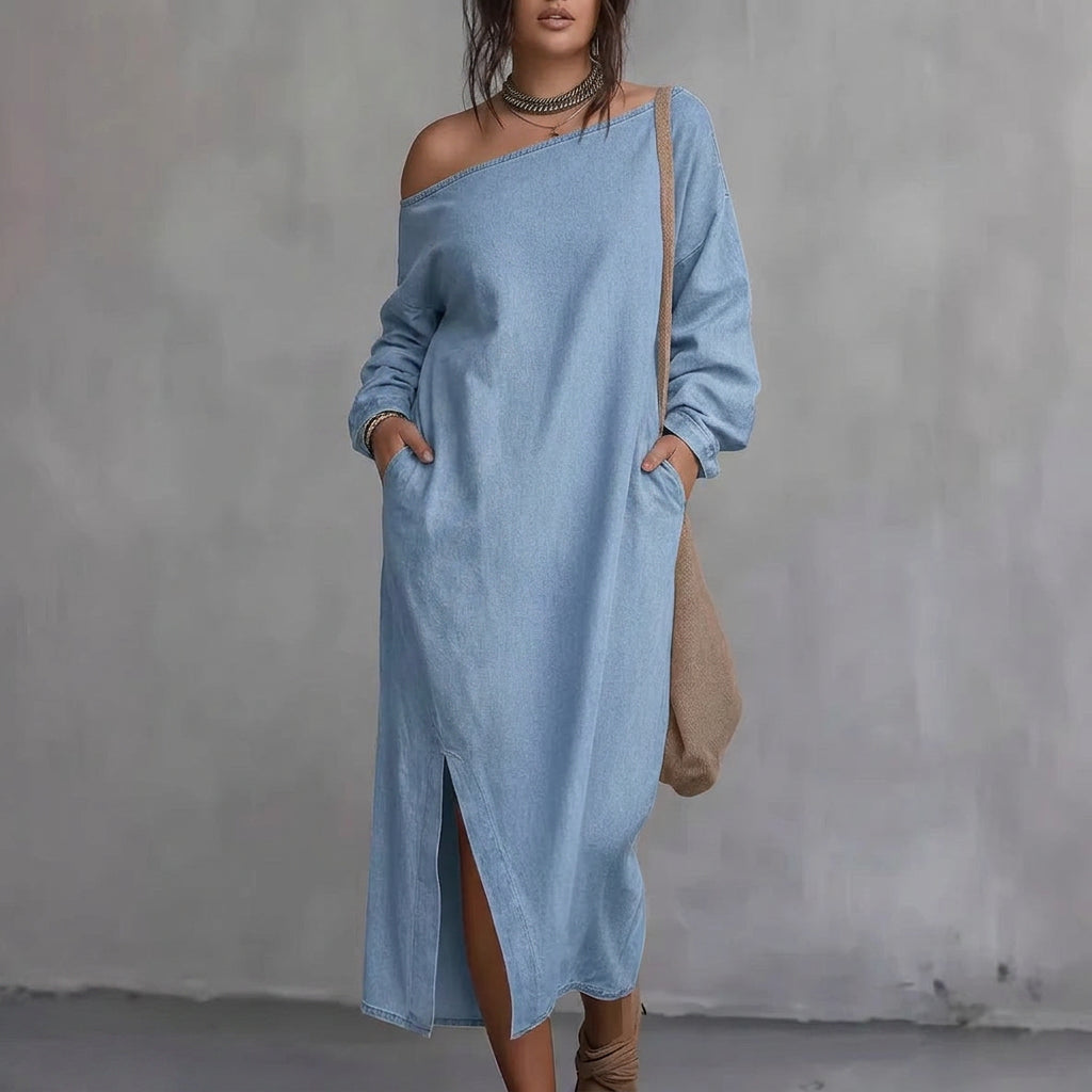 Kaia Off-Shoulder Split Jurk: Moderne Minimalistische Elegant