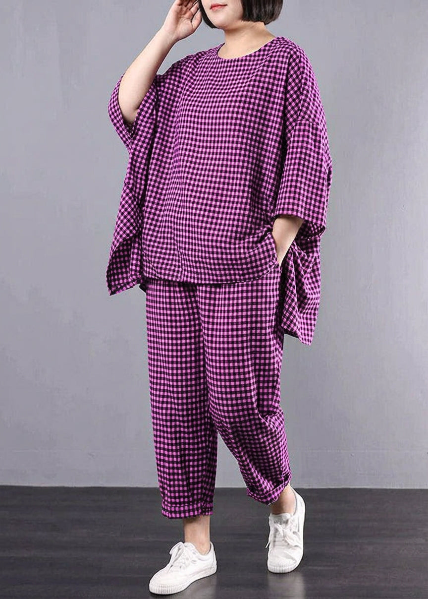 Elke - Casual Plus Size Katoen Linnen Rode Ruit Vintage Blouse En Broek