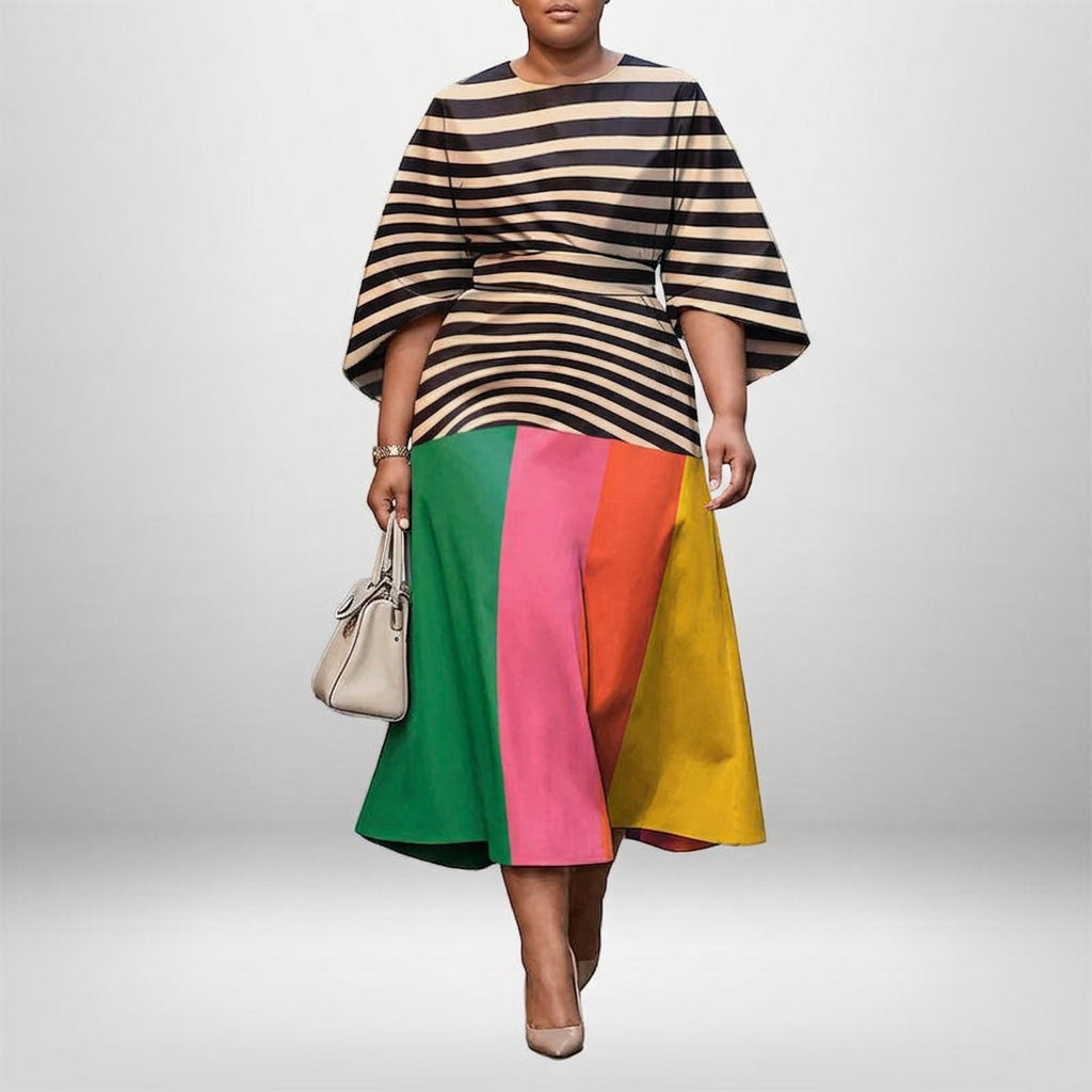 GREER | Gestreepte Colorblock Midi met Gesculpte Taille en Moderne Flair