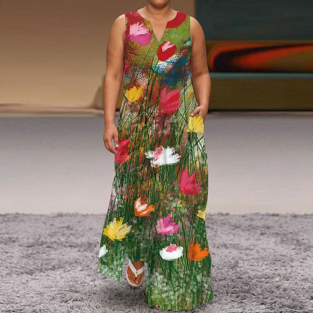 Faye | Mouwloze Maxi Jurk met Bloemenprint