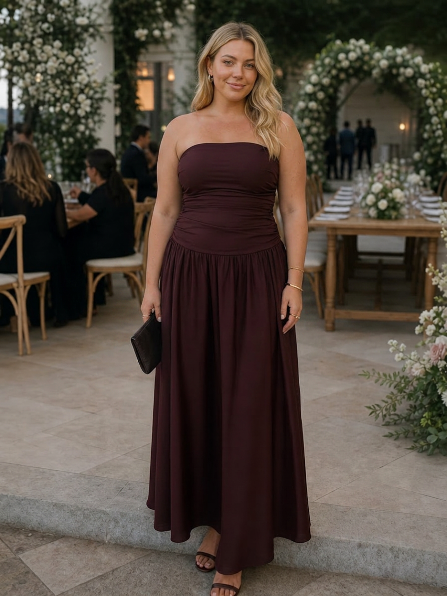 Clemence | Strapless Gerimpelde Midi-jurk