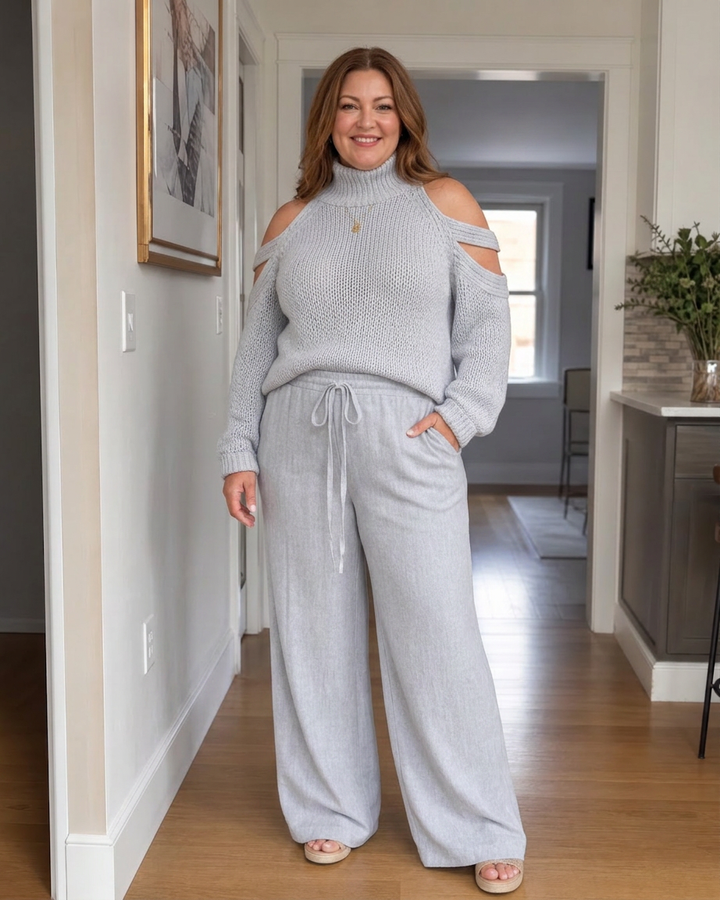 Vesper | Koud Schouder Gebreide Trui Wijde Pantalon Set